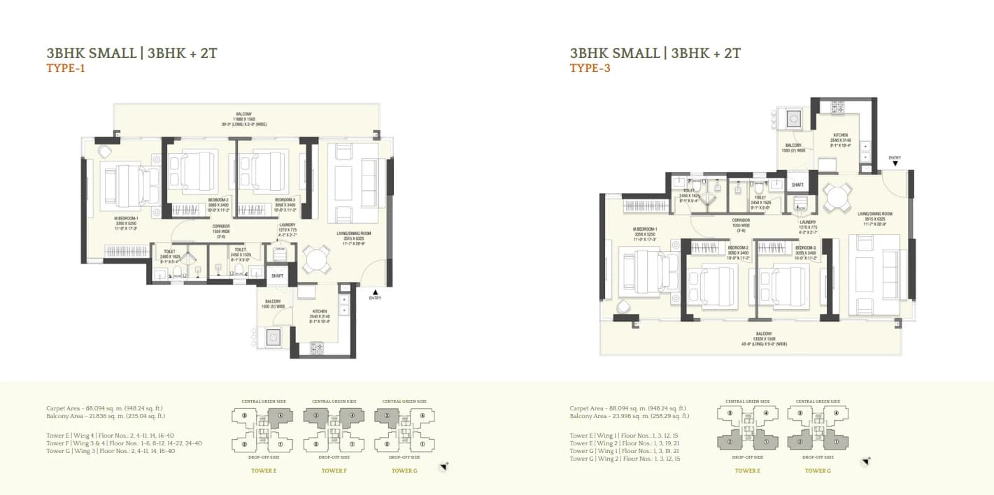 3 Bhk type 1 and 3 floor plan