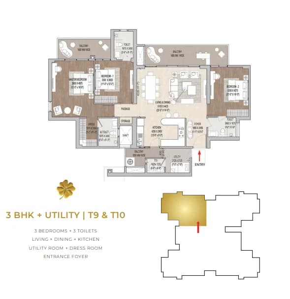 3 BHK + Utility floor plan