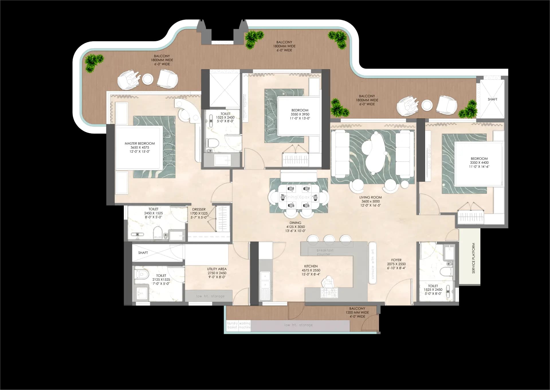 3BHK - Type 1 floor plan