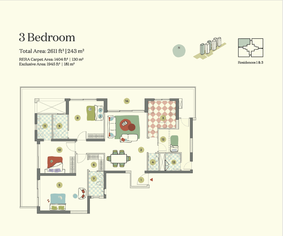 3 BHK floor plan