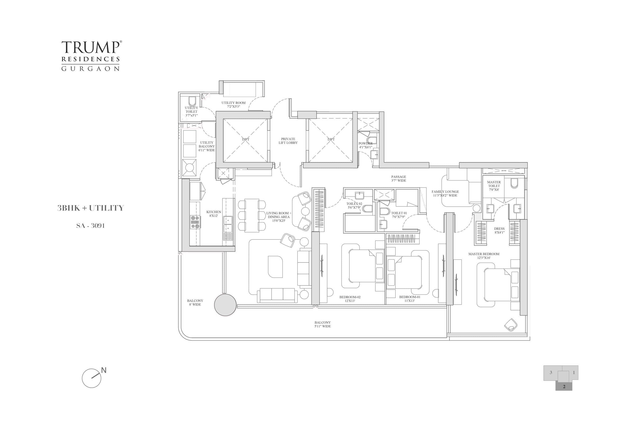 3 BHK floor plan