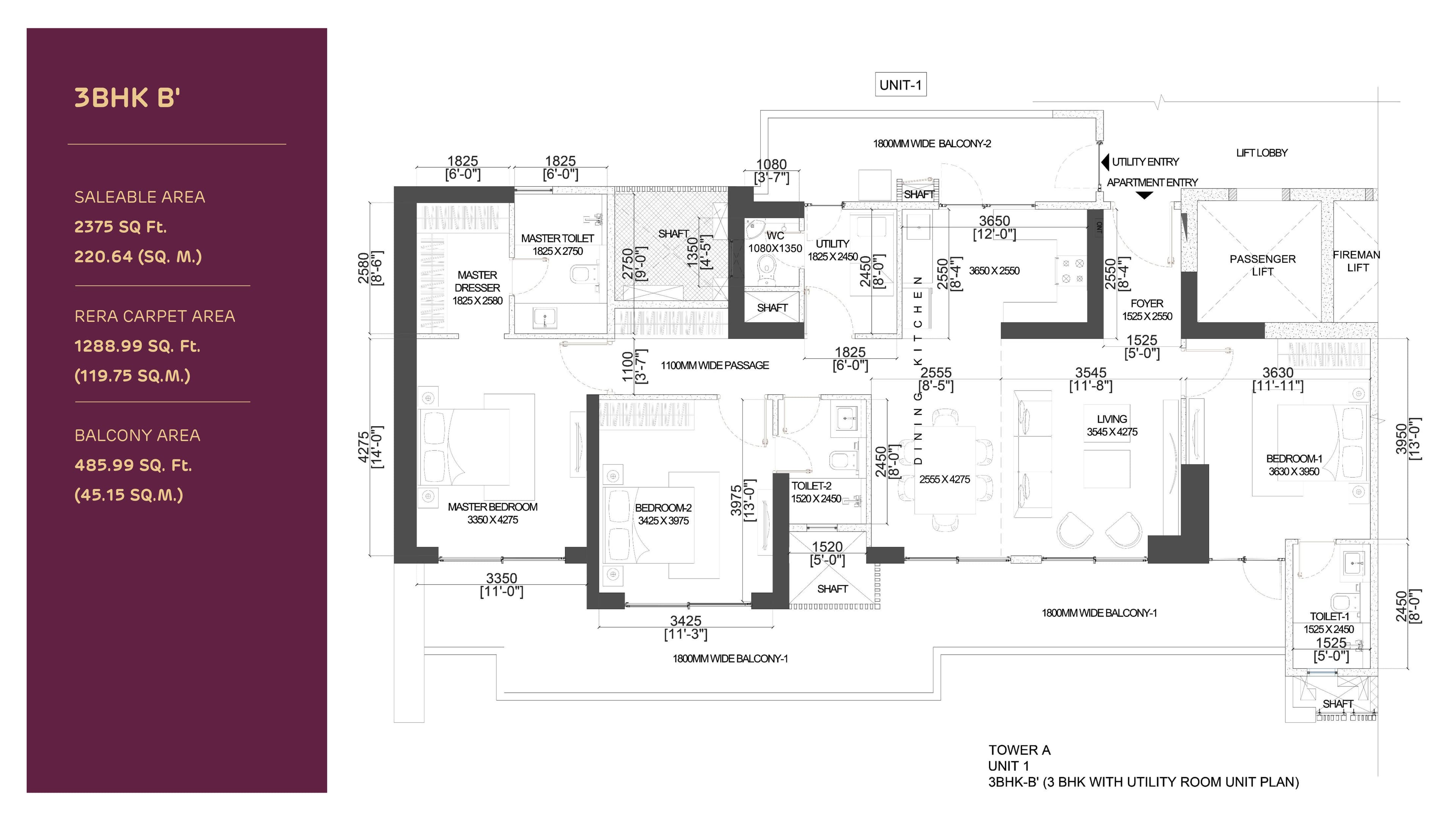 3BHK B' floor plan