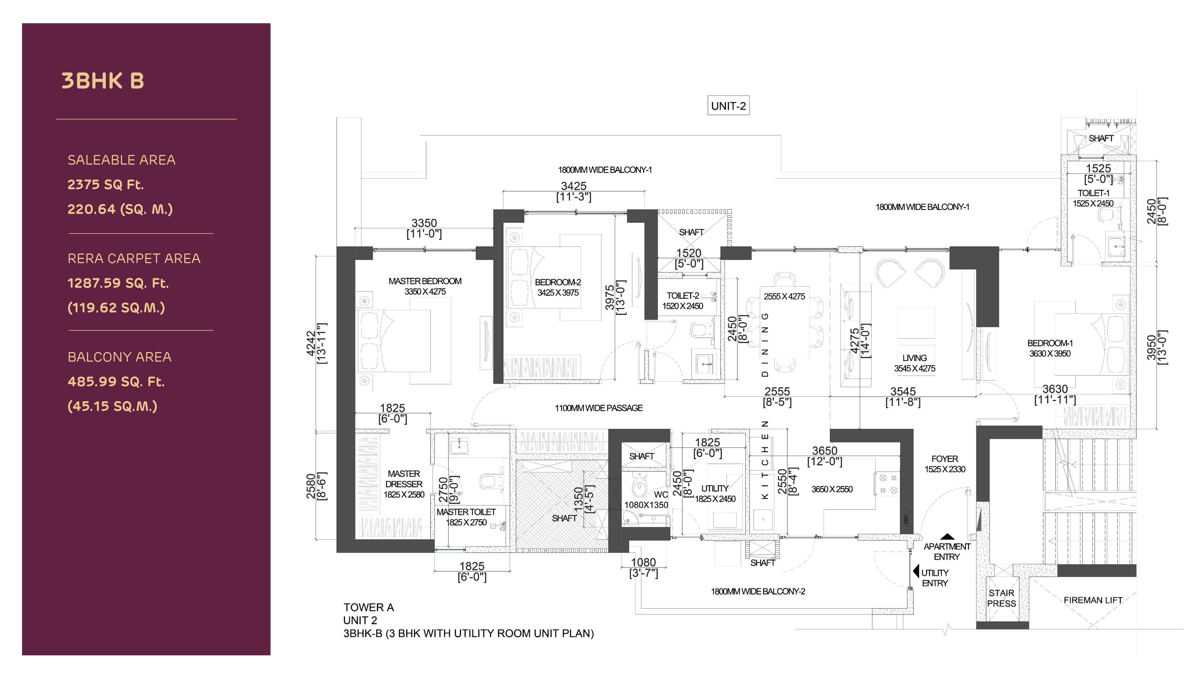 3BHK B floor plan