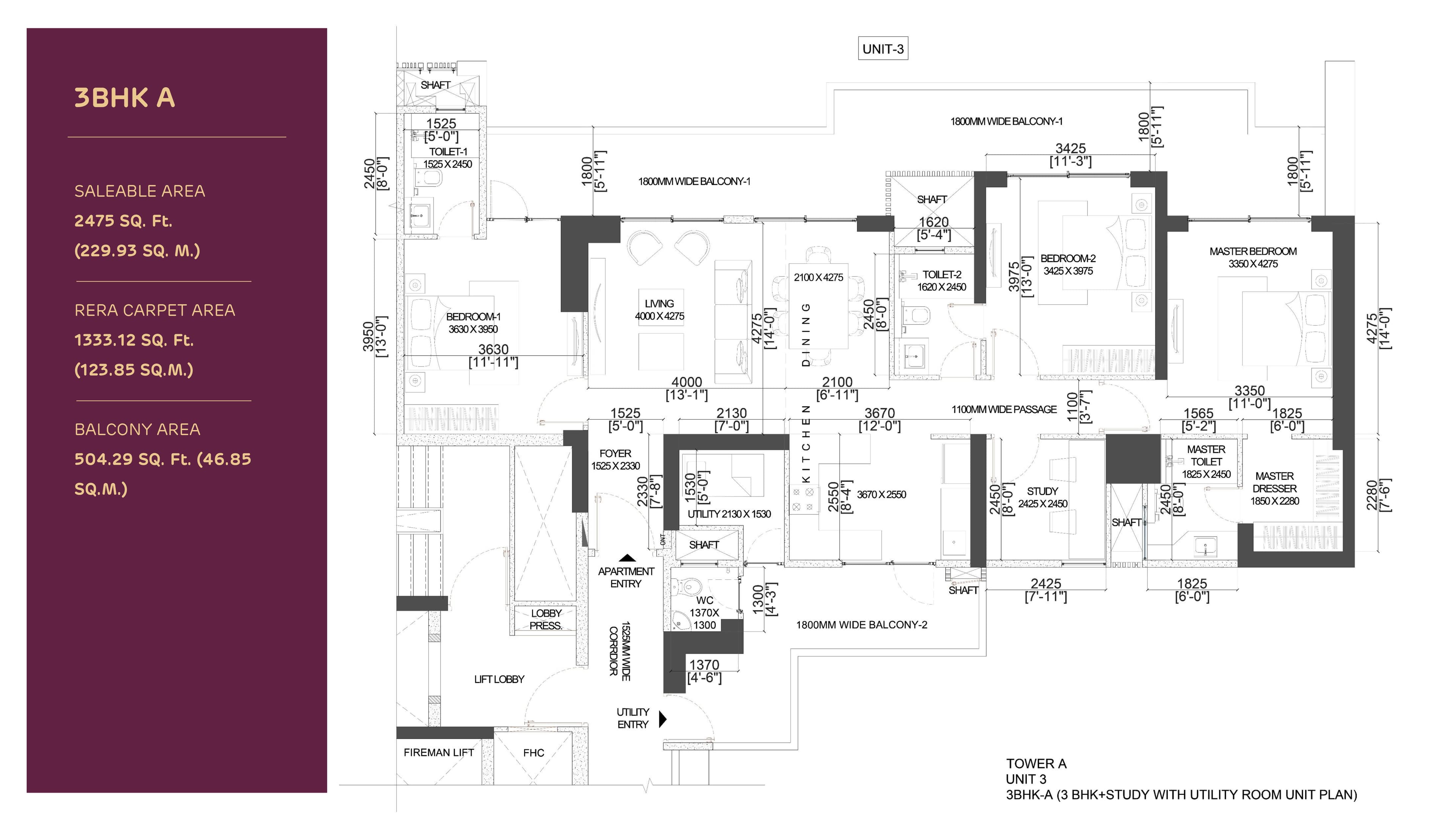 3BHKA floor plan
