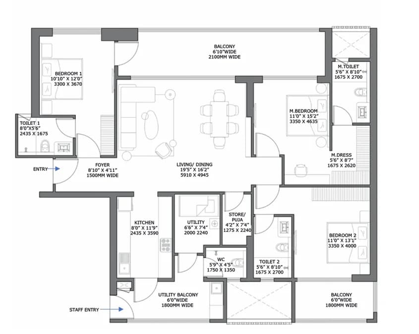 3bhk+Utility floor plan