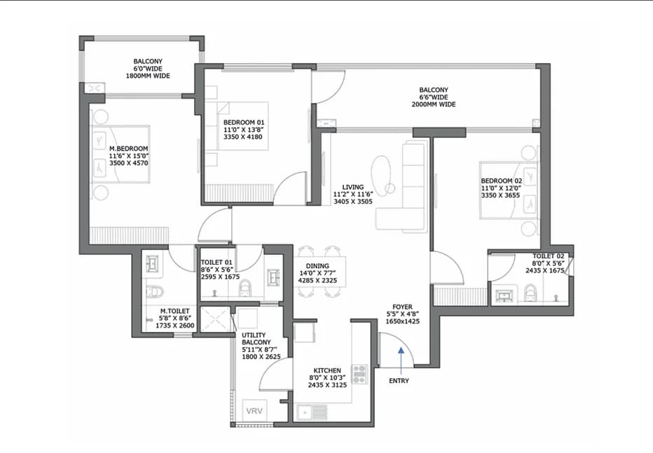 3BHK floor plan
